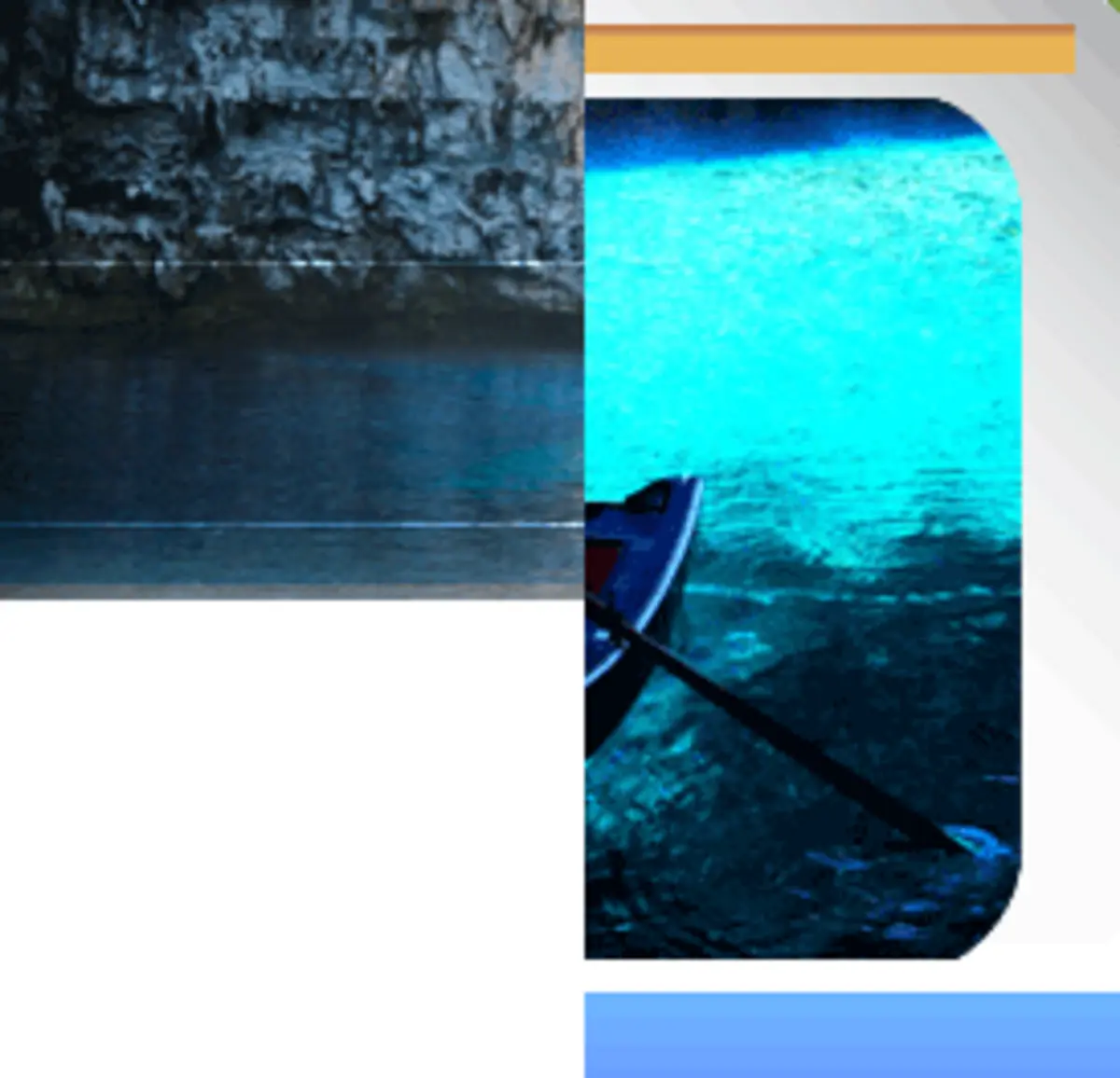 Panoramic comparison of Melissani Cave's turquoise underground lake and Drogarati Cave's stalactite-filled chamber
