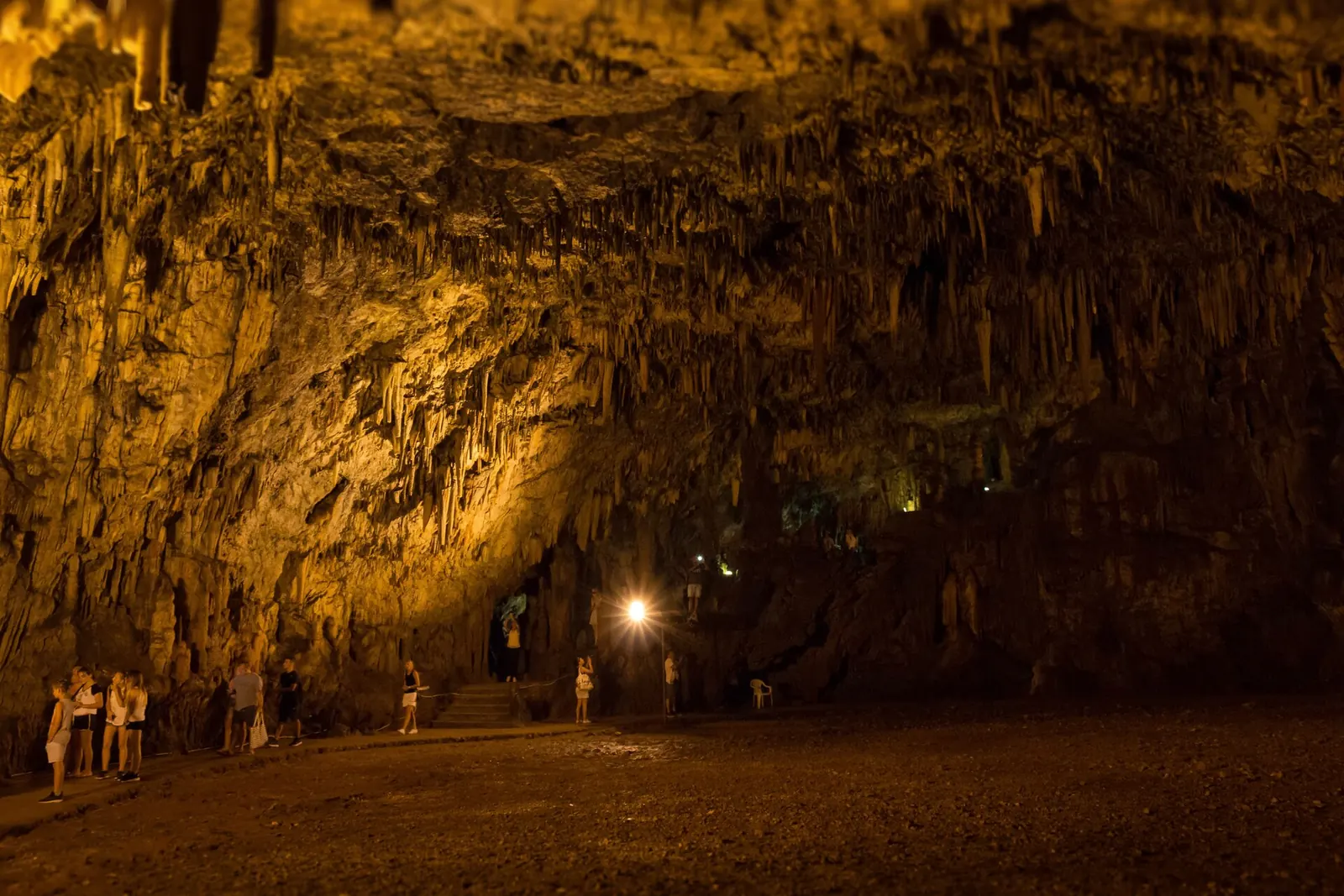 Stalactites and stalagmites inside the large Drogarati Cave chamber, Kefalonia